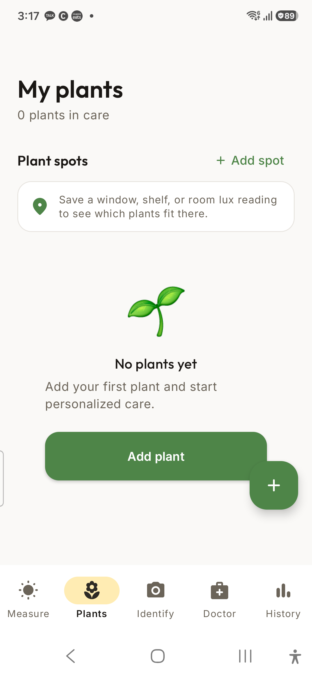 LumaLeaf plant records and saved spots screen