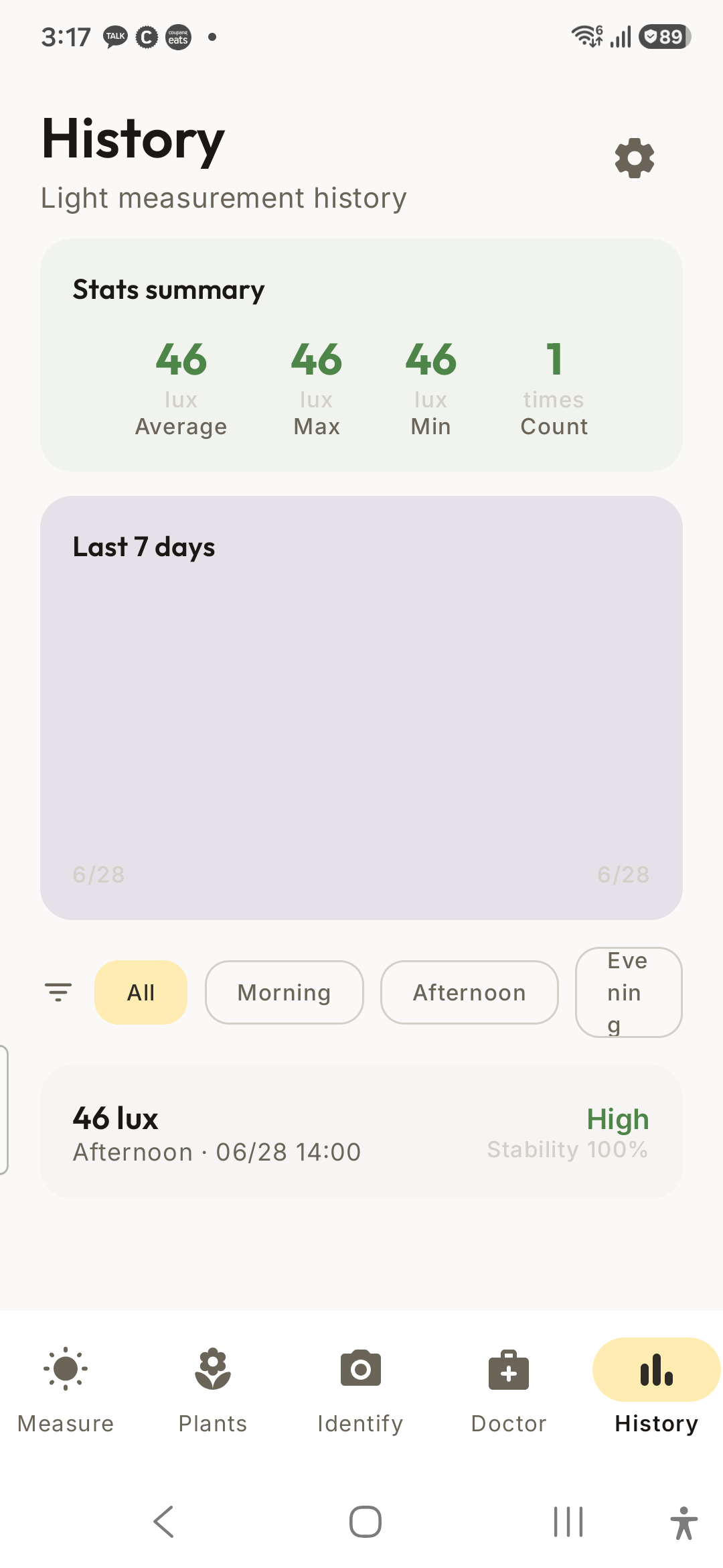 LumaLeaf measurement history screen